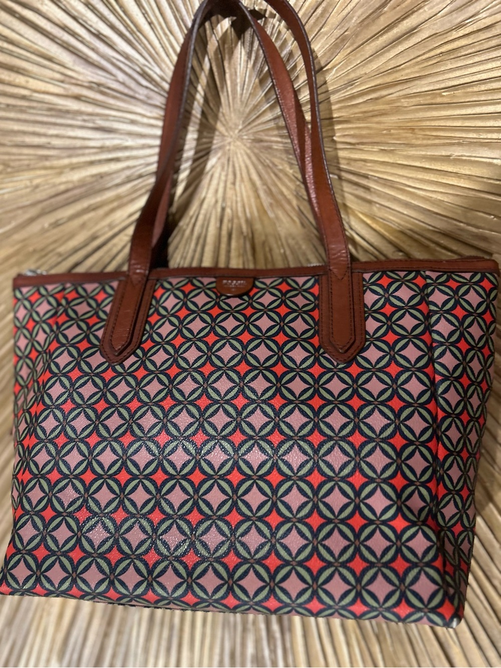Fossil Felicity Tote with colorful Orange, Pink and green geometric accents